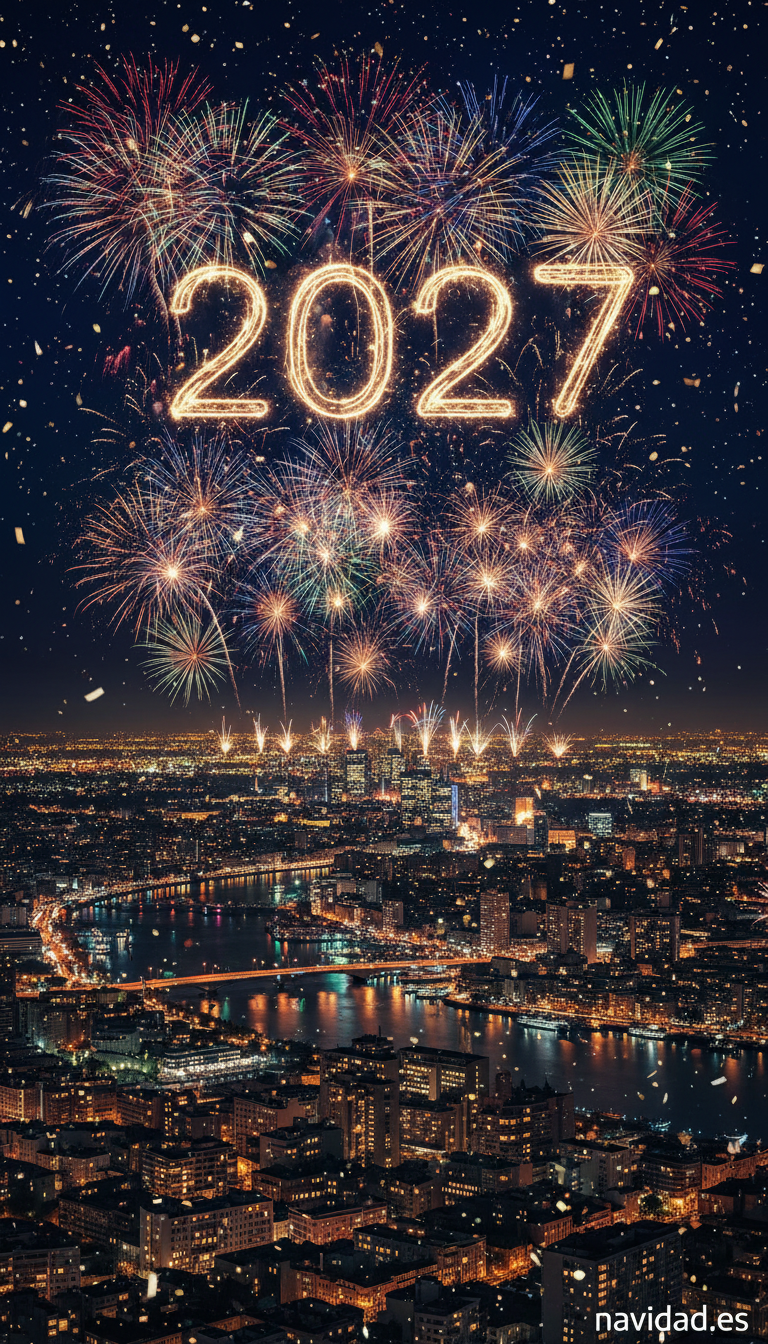 Fondo de pantalla Año Nuevo 2027 - fuegos artificiales ciudad