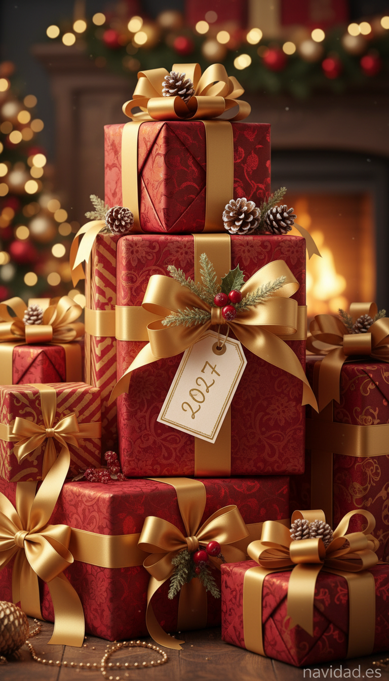 Fondo de pantalla Año Nuevo 2027 - cajas regalo dorado rojo 2027