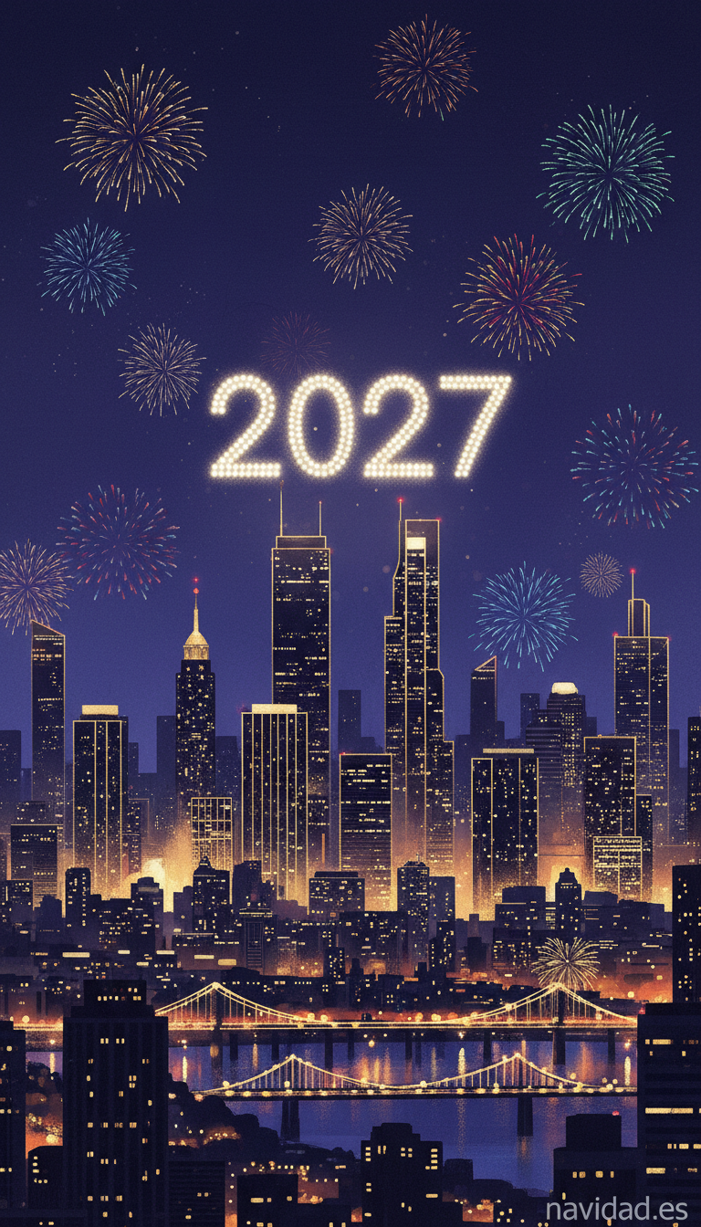 Fondo de pantalla Año Nuevo 2027 - ilustración ciudad medianoche 2027