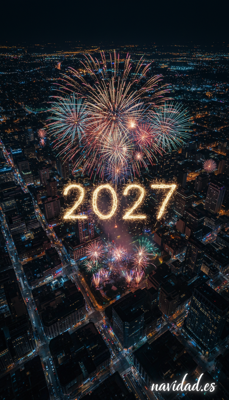 Fondo de pantalla Año Nuevo 2027 - vista aérea fuegos artificiales 2027