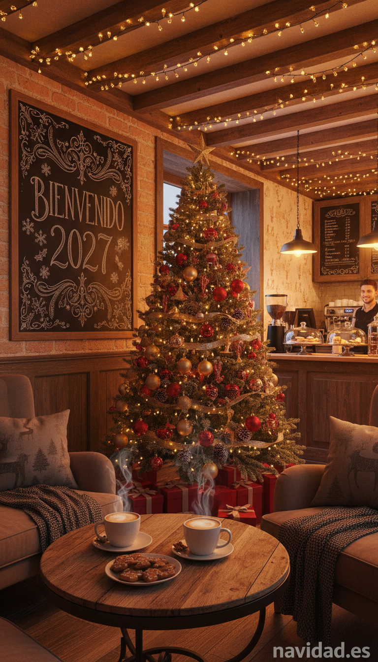Fondo de pantalla Año Nuevo 2027 - cafetería cozy navideña 2027