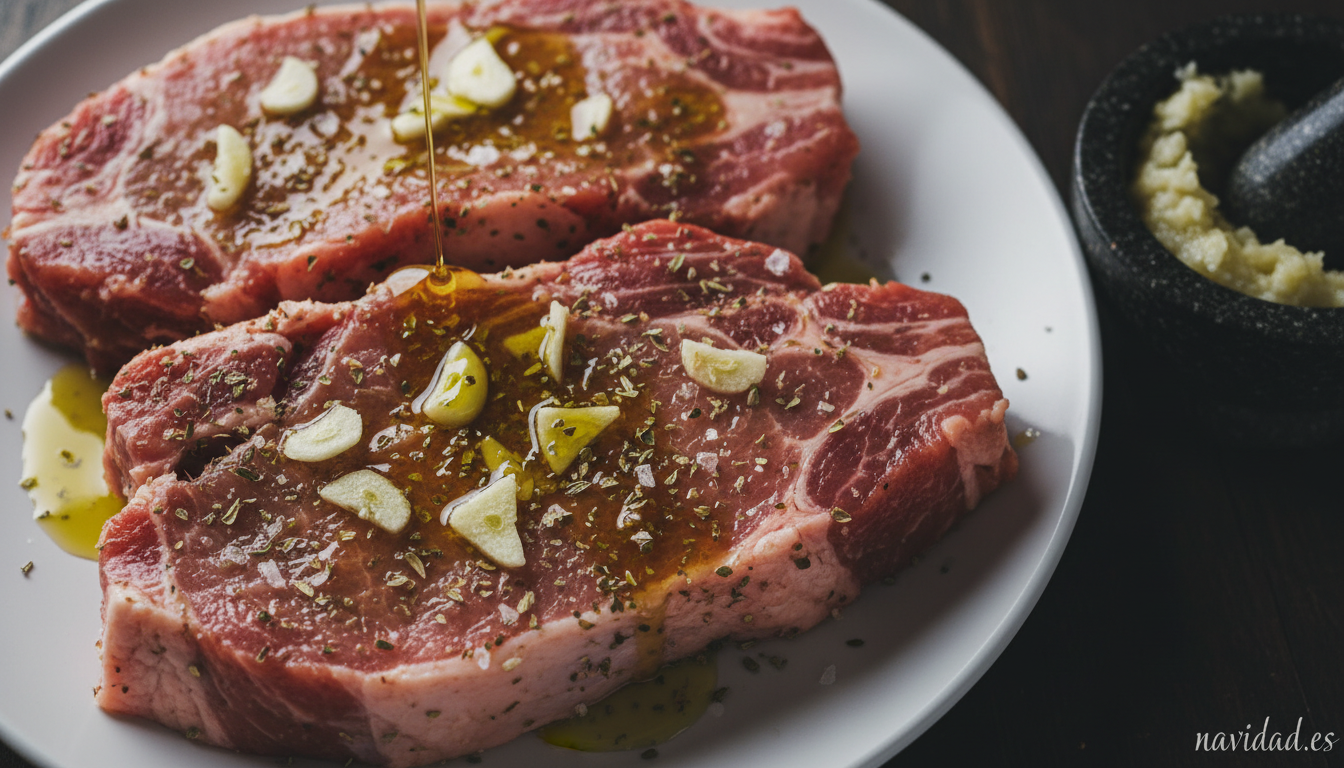 Chuletas a la jardinera: receta navideña fácil paso a paso 1 Chuletas de cerdo adobadas con ajo, oregano y aceite para receta jardinera