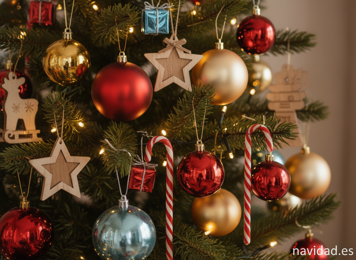 Adornos navideños variados colgando del árbol de Navidad