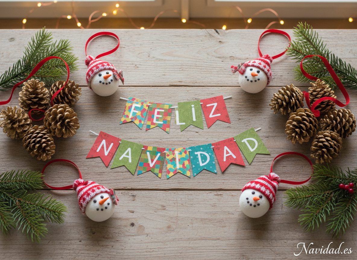 Adornos caseros para el árbol de Navidad: banderines de papel, piñas pintadas y muñecos de nieve de foami