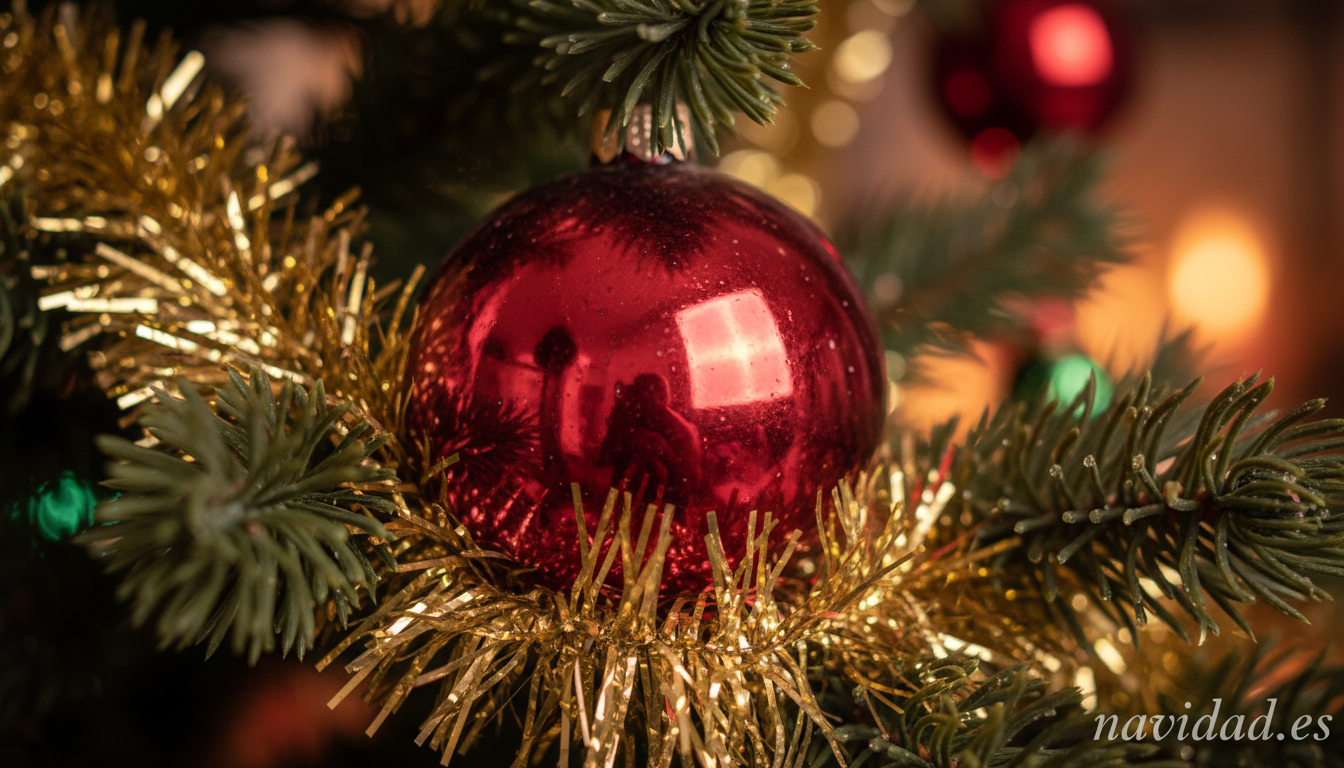 Detalle de adornos clásicos del árbol de Navidad: bola roja de cristal soplado y espumillón dorado