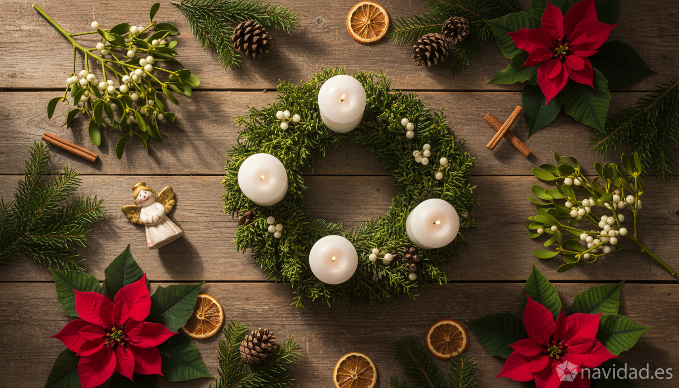 Composición de adornos de Navidad tradicionales con corona de Adviento, muérdago y flor de Pascua