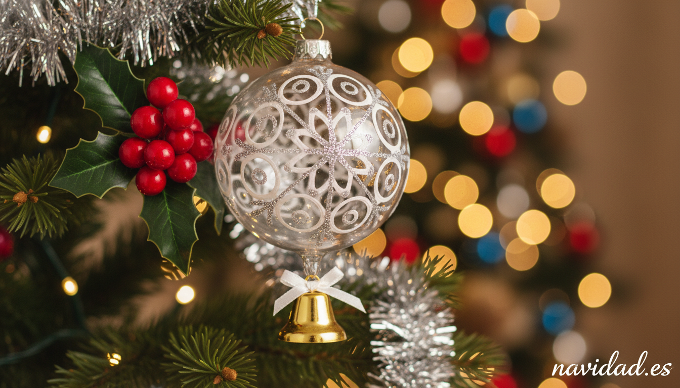 Detalle de adornos navideños artesanales en rama de abeto con bola de cristal y campana dorada
