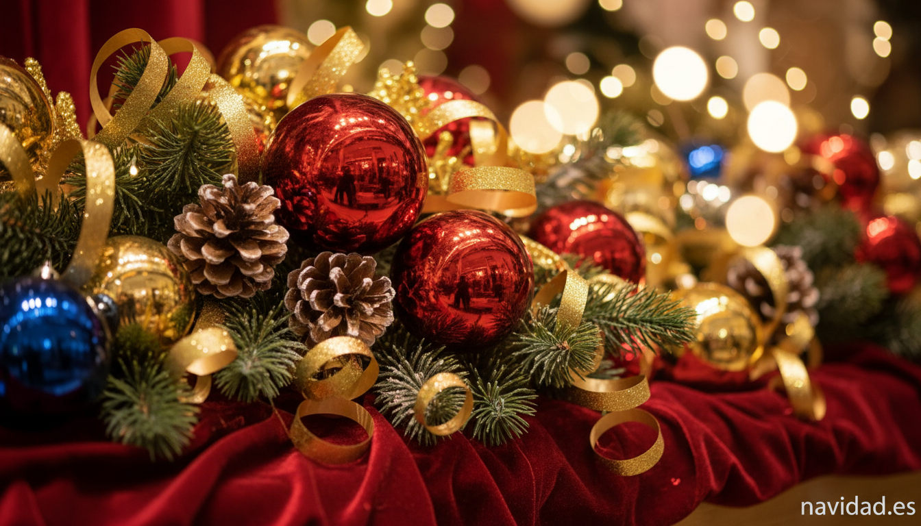 Detalle de adornos navideños con bolas rojas, lazos dorados y ramas de pino para escaparate