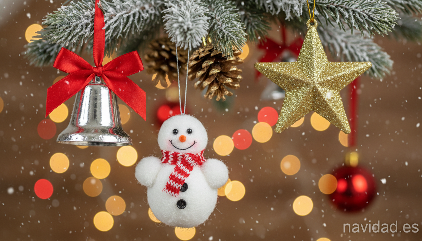 Adornos caseros para el árbol de Navidad 2026: ideas DIY fáciles 2 Adornos navideños caseros colgando de un árbol: campana plateada, estrella dorada, muñeco de nieve y piña