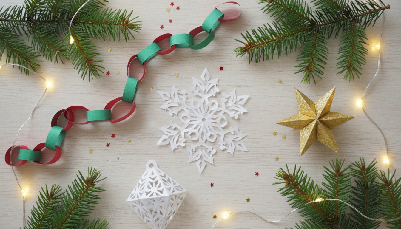 Adornos navideños de papel: copo de nieve, cadena, origami y kirigami sobre mesa de madera