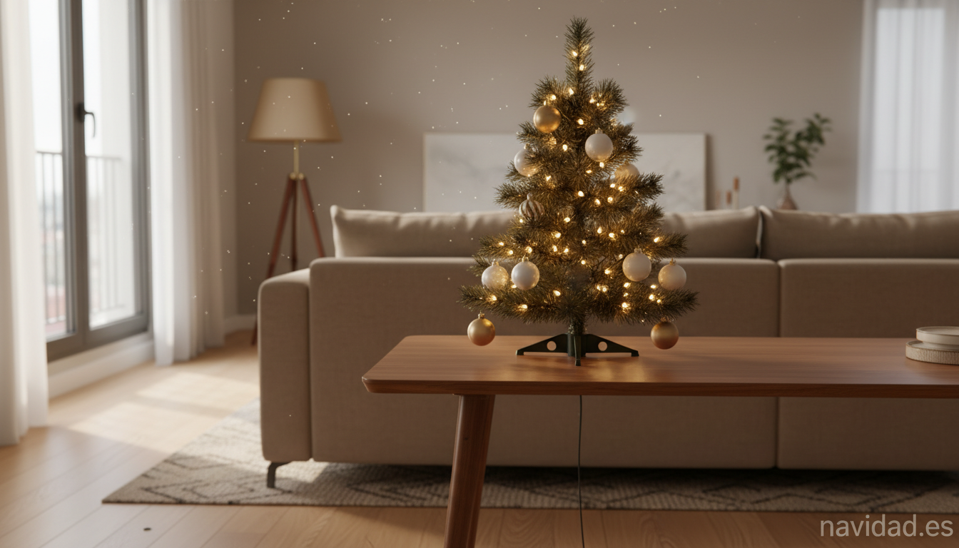 Árbol de Navidad pequeño decorado en salón moderno de un piso