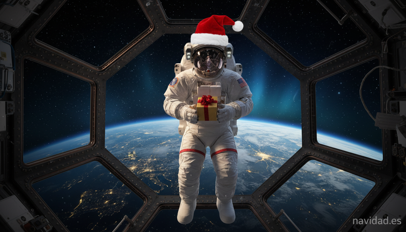 Navidad en la EEI: así la celebran los astronautas en órbita 2 Astronauta con gorro de Papá Noel flotando en la cúpula de la EEI con la Tierra al fondo