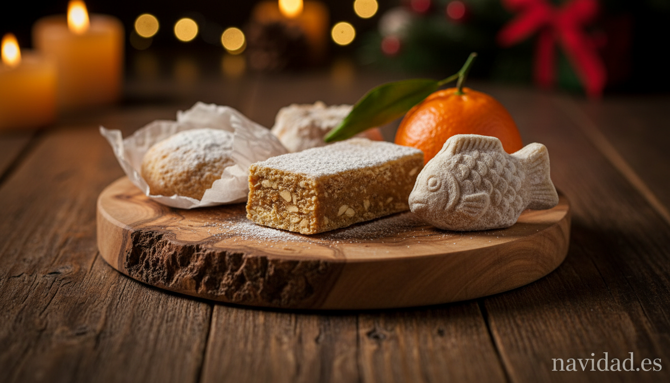 Bandeja con turrón polvorón y mazapán en raciones controladas para Navidad