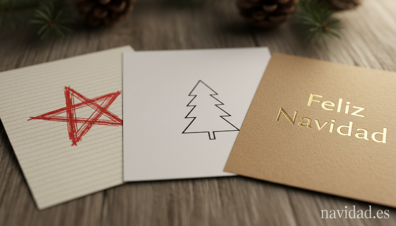 Tres tipos de papel para tarjetas navideñas caseras: mate, texturizado y kraft
