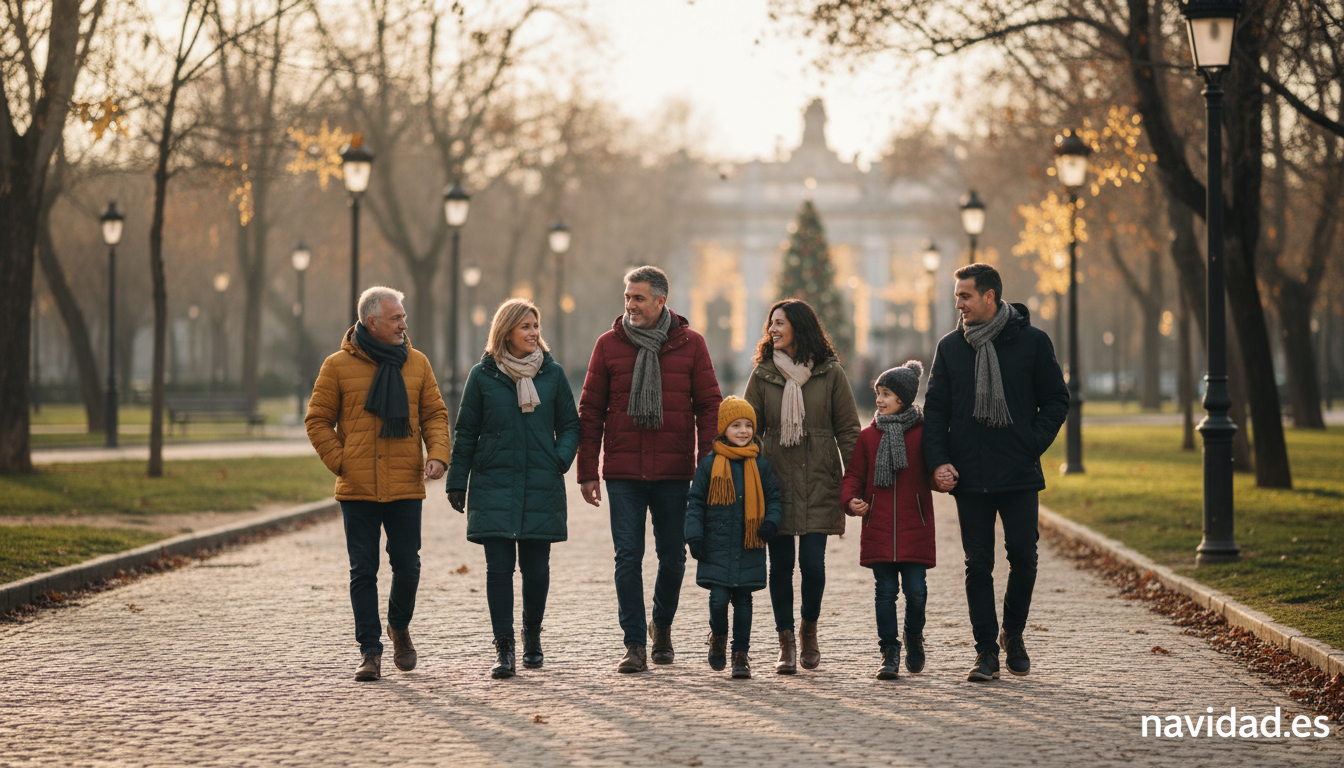 Familia española paseando en Navidad para compensar las comidas copiosas