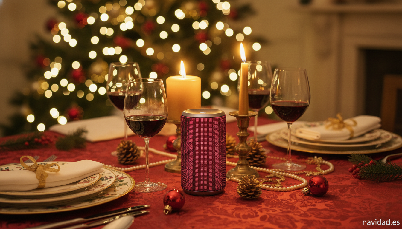Música navideña: las mejores canciones para ambientar tus fiestas 2 Altavoz bluetooth en la mesa de Nochebuena con música navideña de ambiente