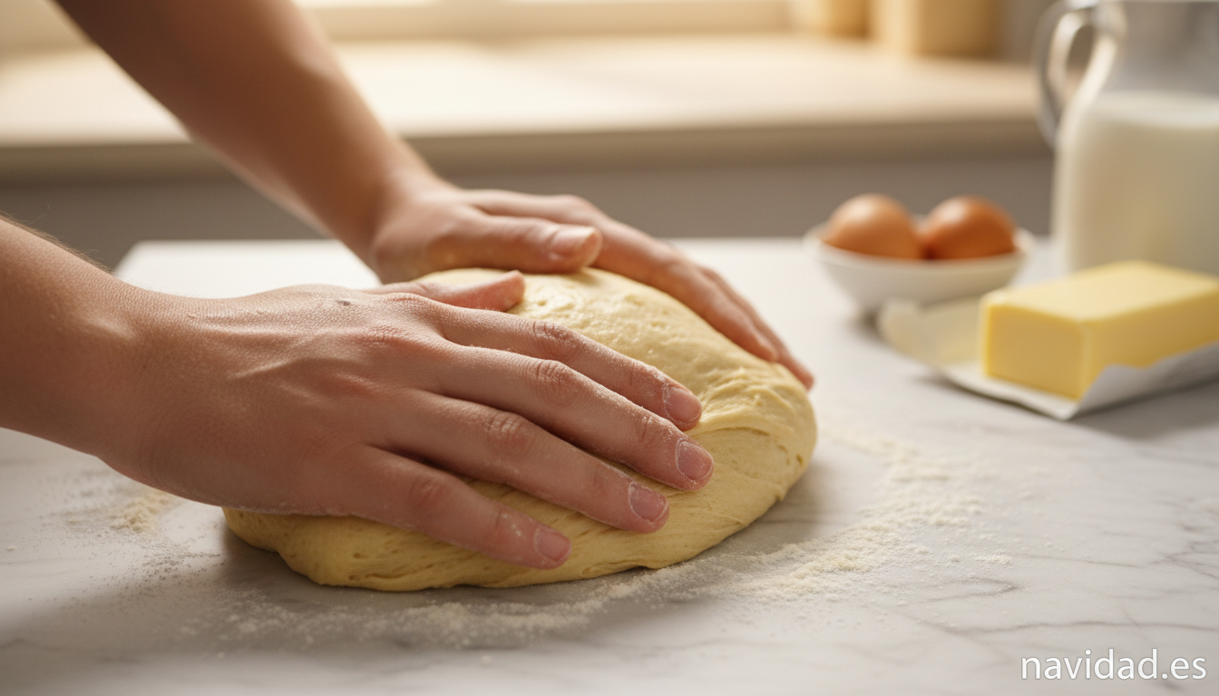 Roscón de Reyes casero: receta tradicional paso a paso 1 Amasando la masa del roscón de Reyes sobre mármol con harina