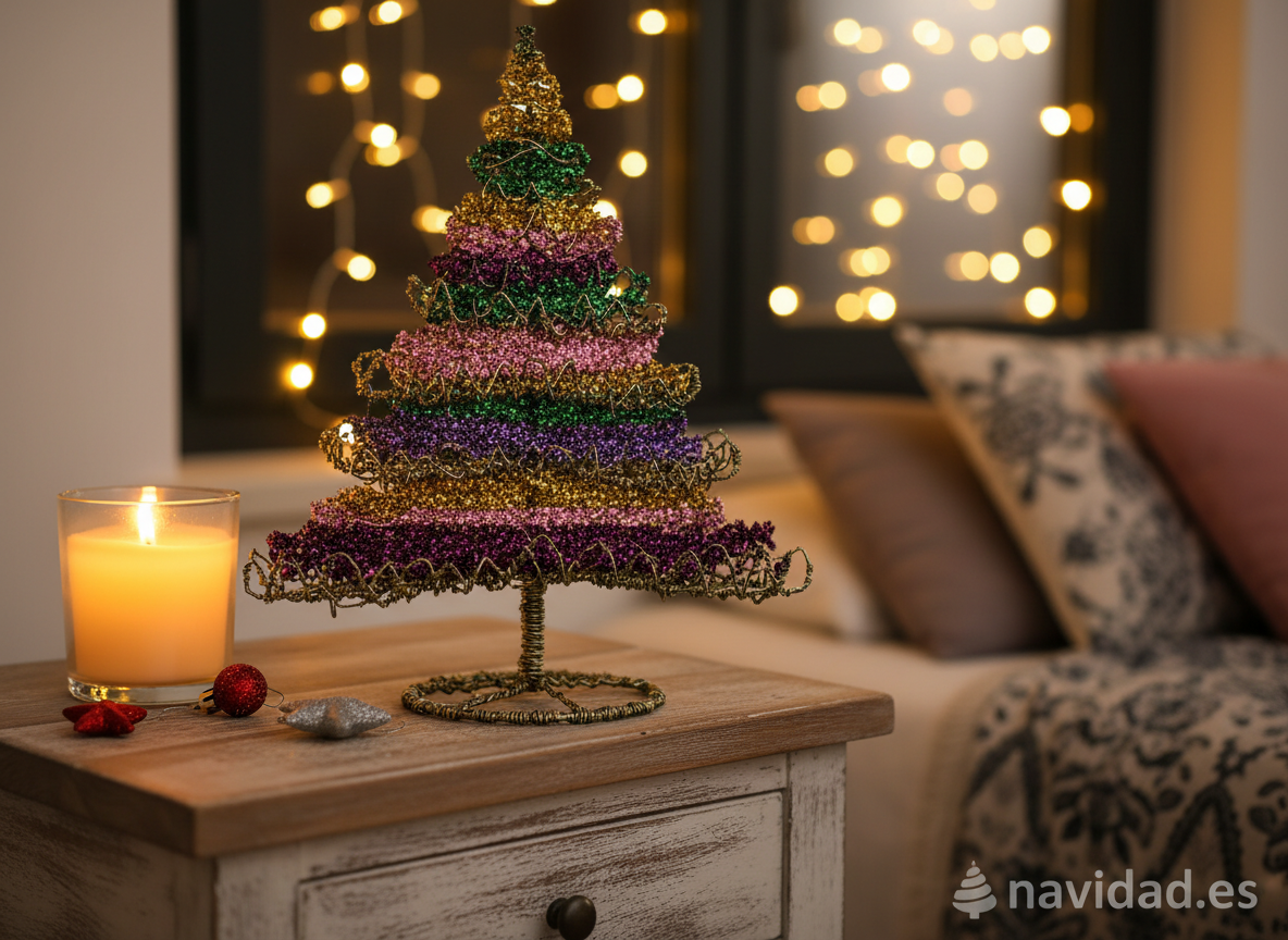 Cómo hacer un árbol de Navidad con alambre: tutorial paso a paso 3 Árbol de alambre navideño con brillantina de colores sobre mesilla de noche