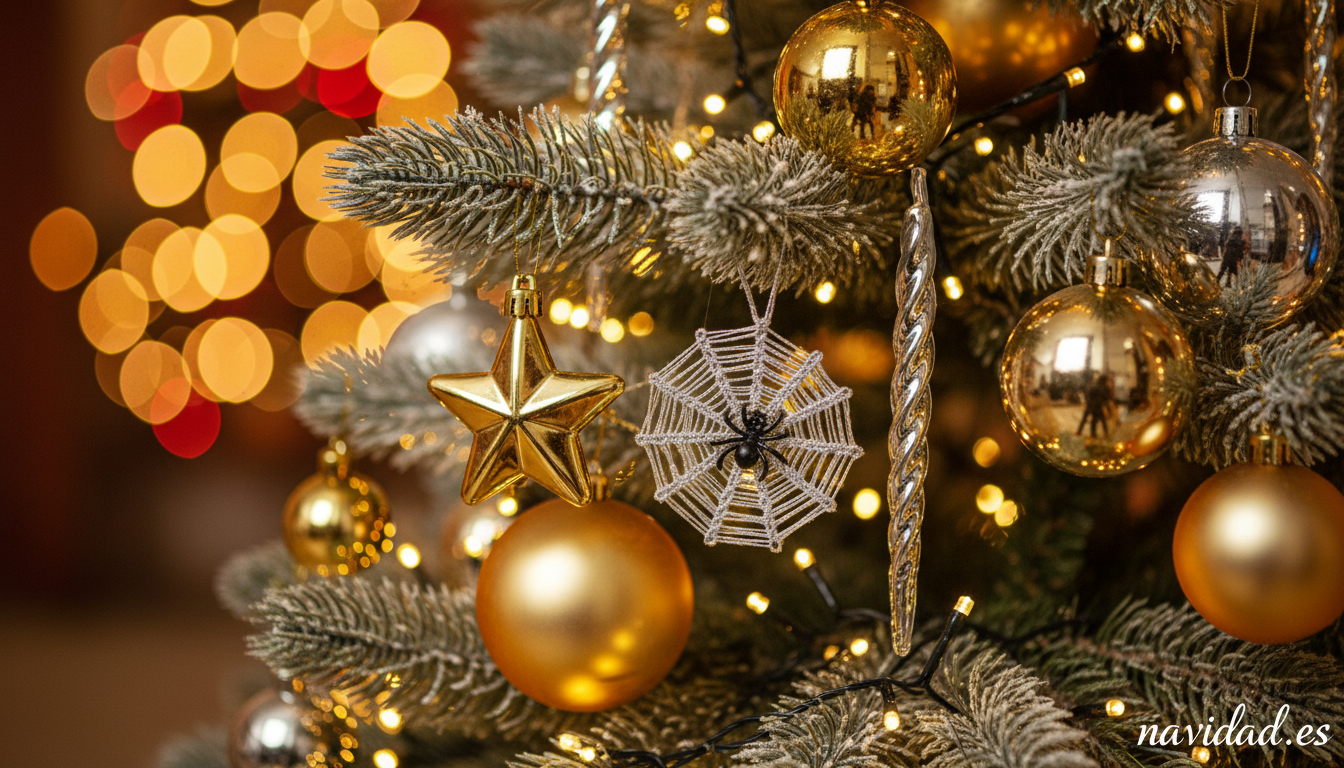 Detalle del árbol de Navidad con adornos dorados y la leyenda de la araña navideña
