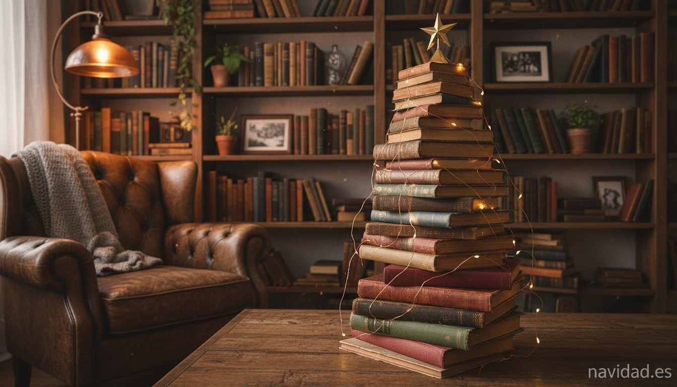 Árbol de Navidad alternativo hecho con libros apilados en formato cono con luces y estrella, idea creativa
