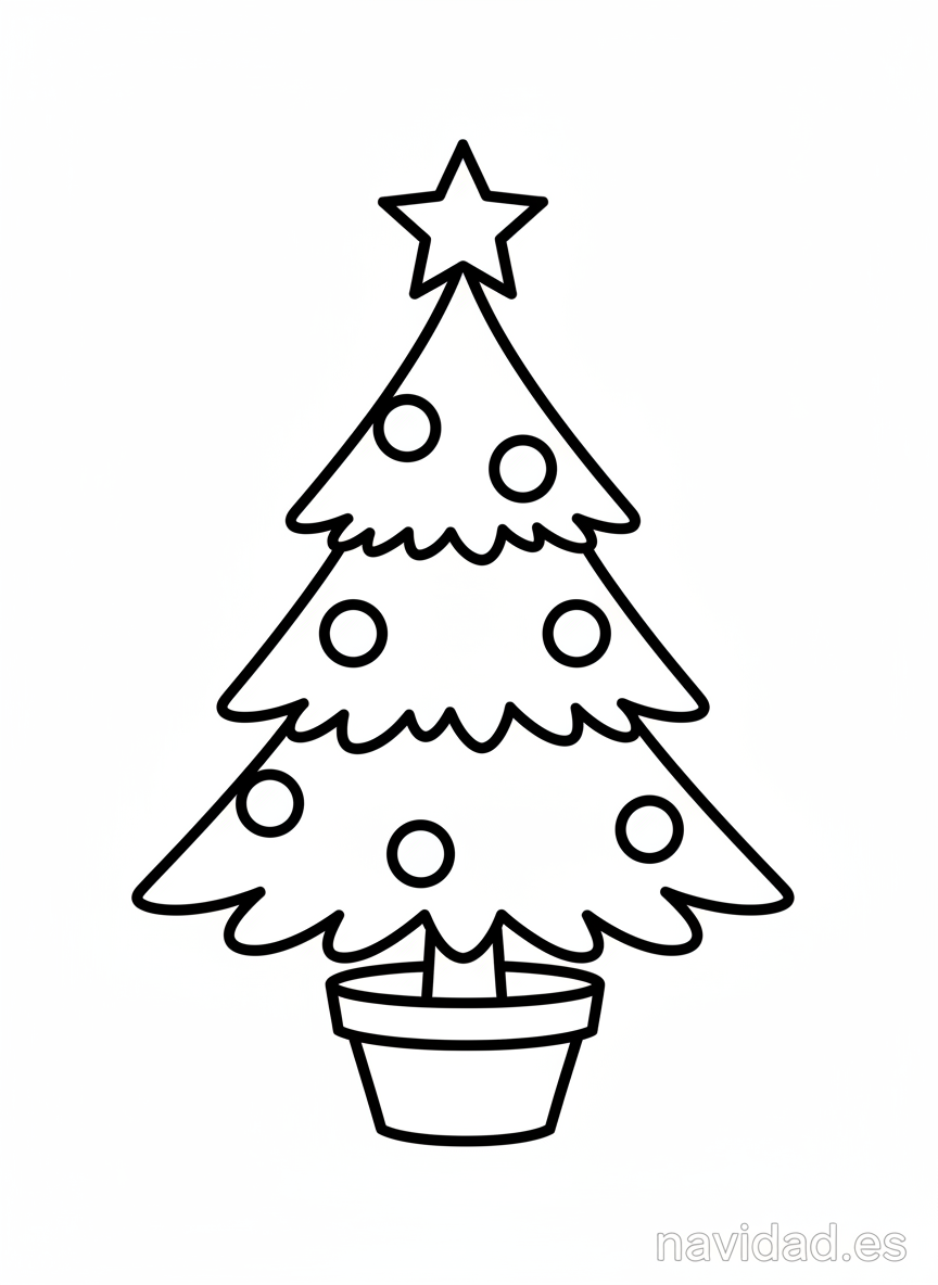 Árbol de Navidad para colorear: láminas gratis para imprimir en 2026 3 Dibujo de árbol de Navidad clásico con estrella y bolas para colorear