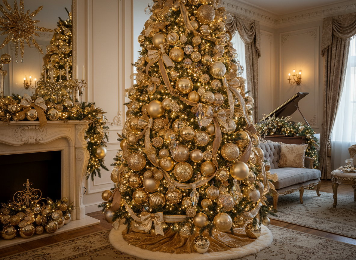 Cómo Decorar el Árbol de Navidad: Estilos y Tendencias 2026 3 Árbol de Navidad estilo glam con adornos dorados y cristales
