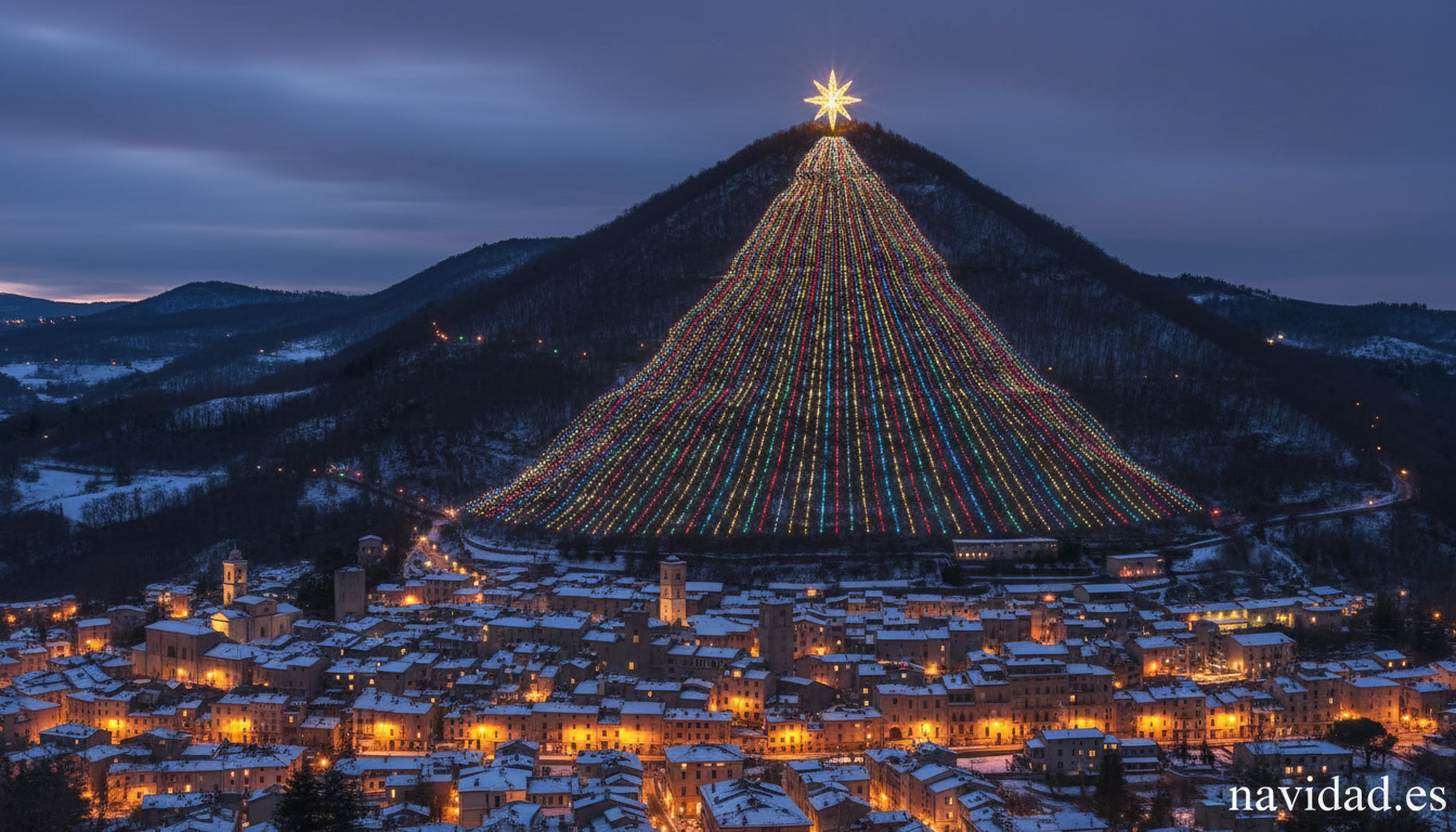 El árbol de Navidad más grande de Europa: récords, luces y ciudades míticas 2 Árbol de Navidad gigante iluminando la ladera del monte Ingino en Gubbio