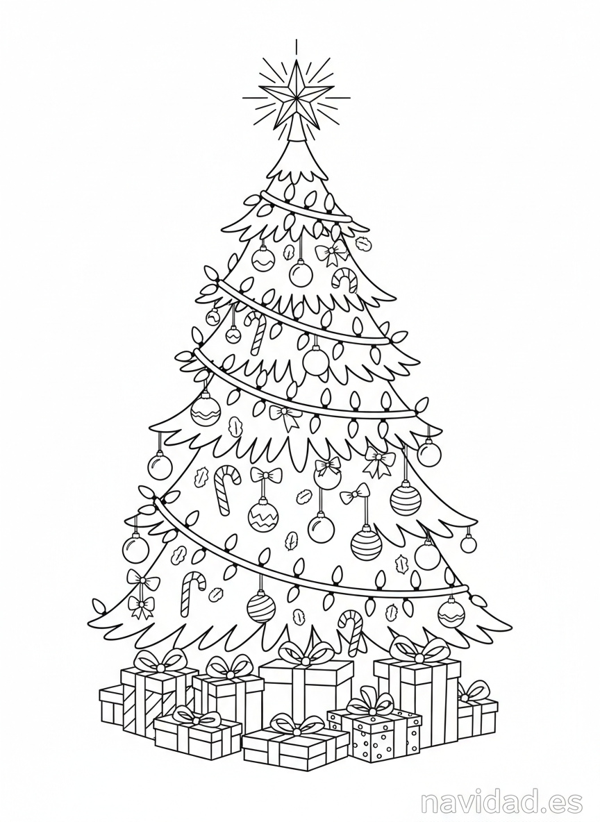 Árbol de Navidad para colorear: láminas gratis para imprimir en 2026 4 Árbol de Navidad con luces, bastones y regalos para colorear