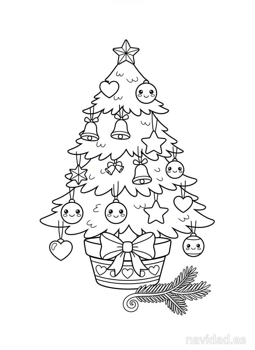 Árbol de Navidad para colorear: láminas gratis para imprimir en 2026 7 Árbol de Navidad en maceta con lazo y corazones para colorear