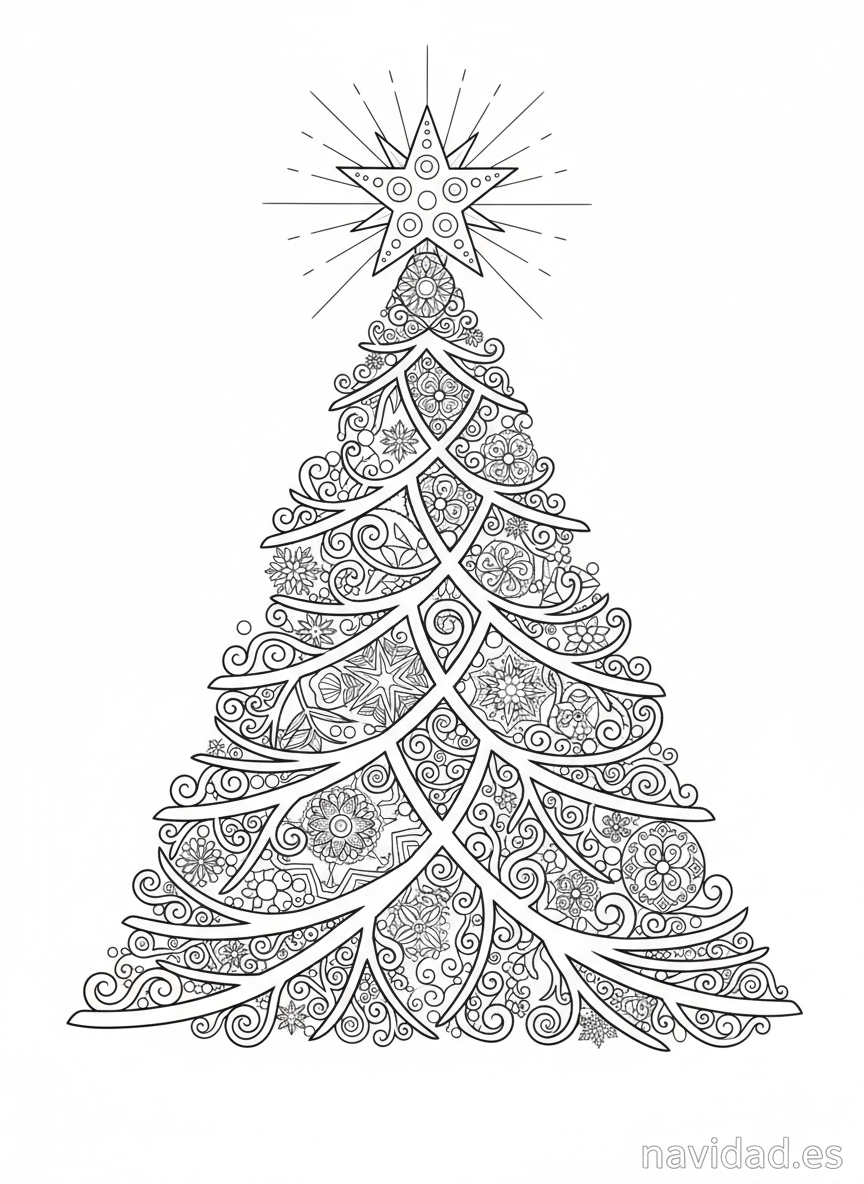 Árbol de Navidad para colorear: láminas gratis para imprimir en 2026 9 Árbol de Navidad tipo mandala con detalles para colorear adultos
