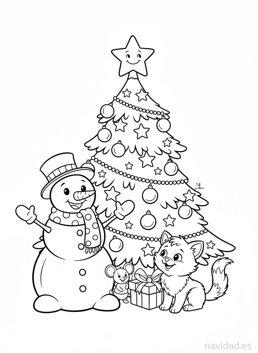 Árbol de Navidad para colorear: láminas gratis para imprimir en 2026 6 Árbol de Navidad con muñeco de nieve, ratón y gato para colorear