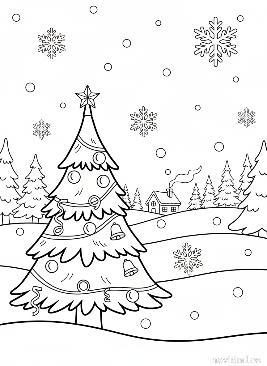 Árbol de Navidad para colorear: láminas gratis para imprimir en 2026 10 Árbol de Navidad en paisaje nevado con casita para colorear