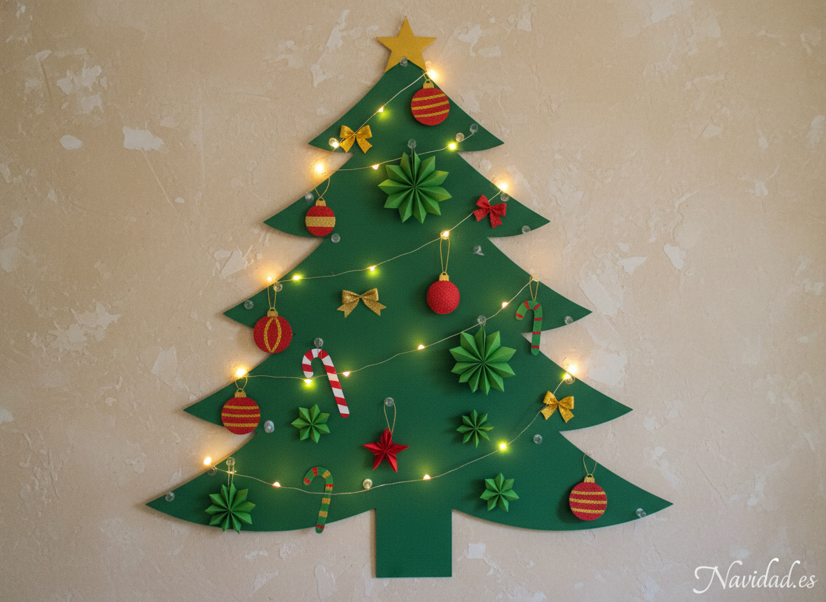 Cómo hacer un árbol de Navidad de pared: guía DIY paso a paso 3 Árbol de Navidad pegado en la pared completamente decorado con adornos de papel y luces