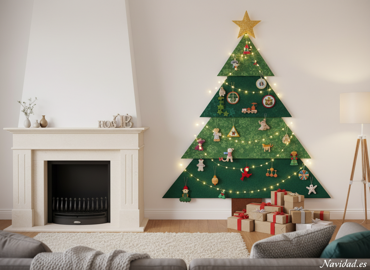 Cómo hacer un árbol de Navidad de pared: guía DIY paso a paso 1 Árbol de Navidad de pared decorado con adornos y luces, idea DIY para espacios pequeños