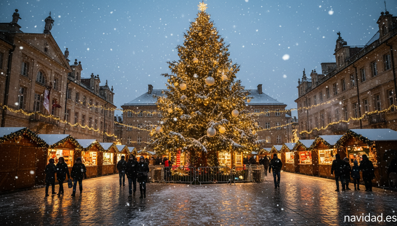Árbol de Navidad gigante iluminado en una plaza europea con mercadillo navideño