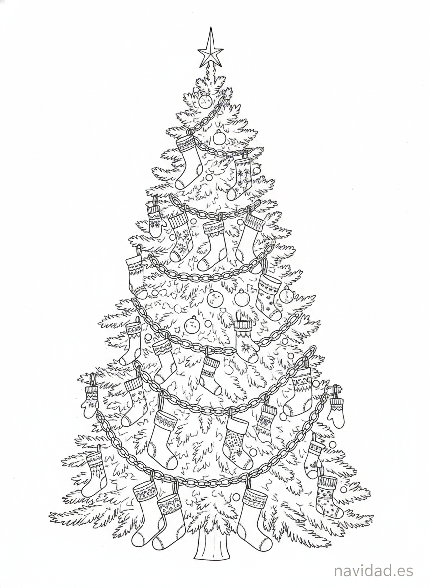 Árbol de Navidad para colorear: láminas gratis para imprimir en 2026 8 Árbol de Navidad tradicional con guirnaldas y calcetines para colorear
