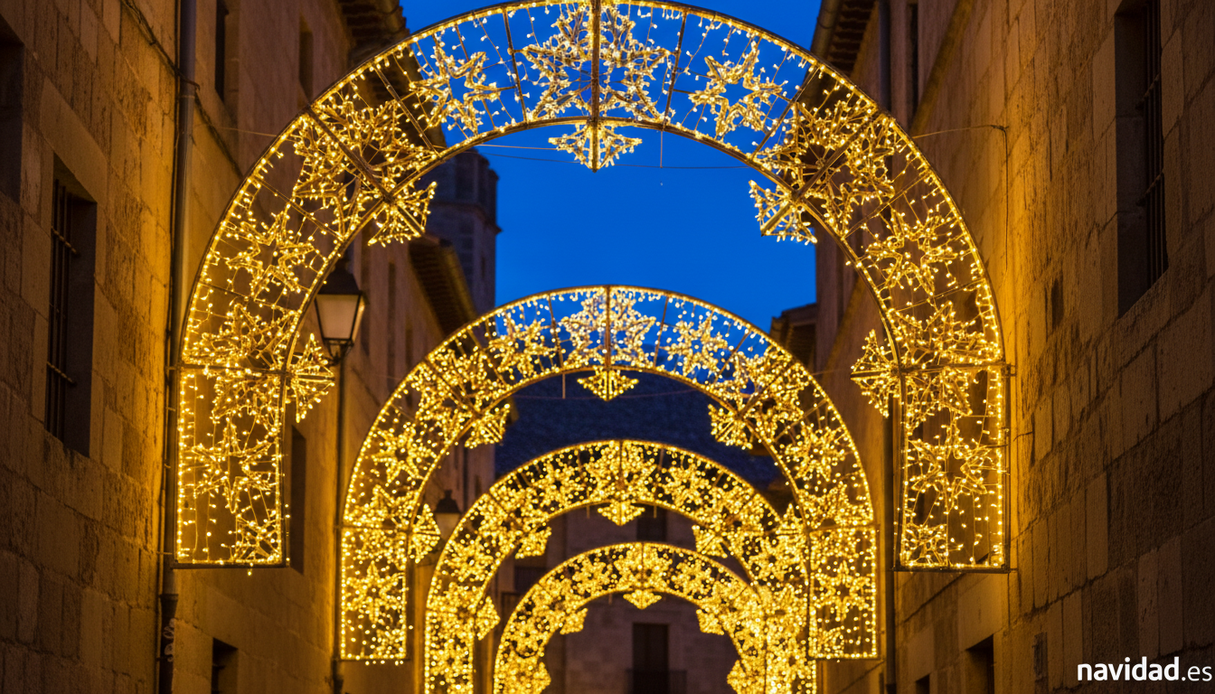 Luces de Navidad en Cáceres 2026: encendido, recorrido y plan completo 1 Detalle de un arco de luces navideñas iluminando una calle empedrada de Cáceres