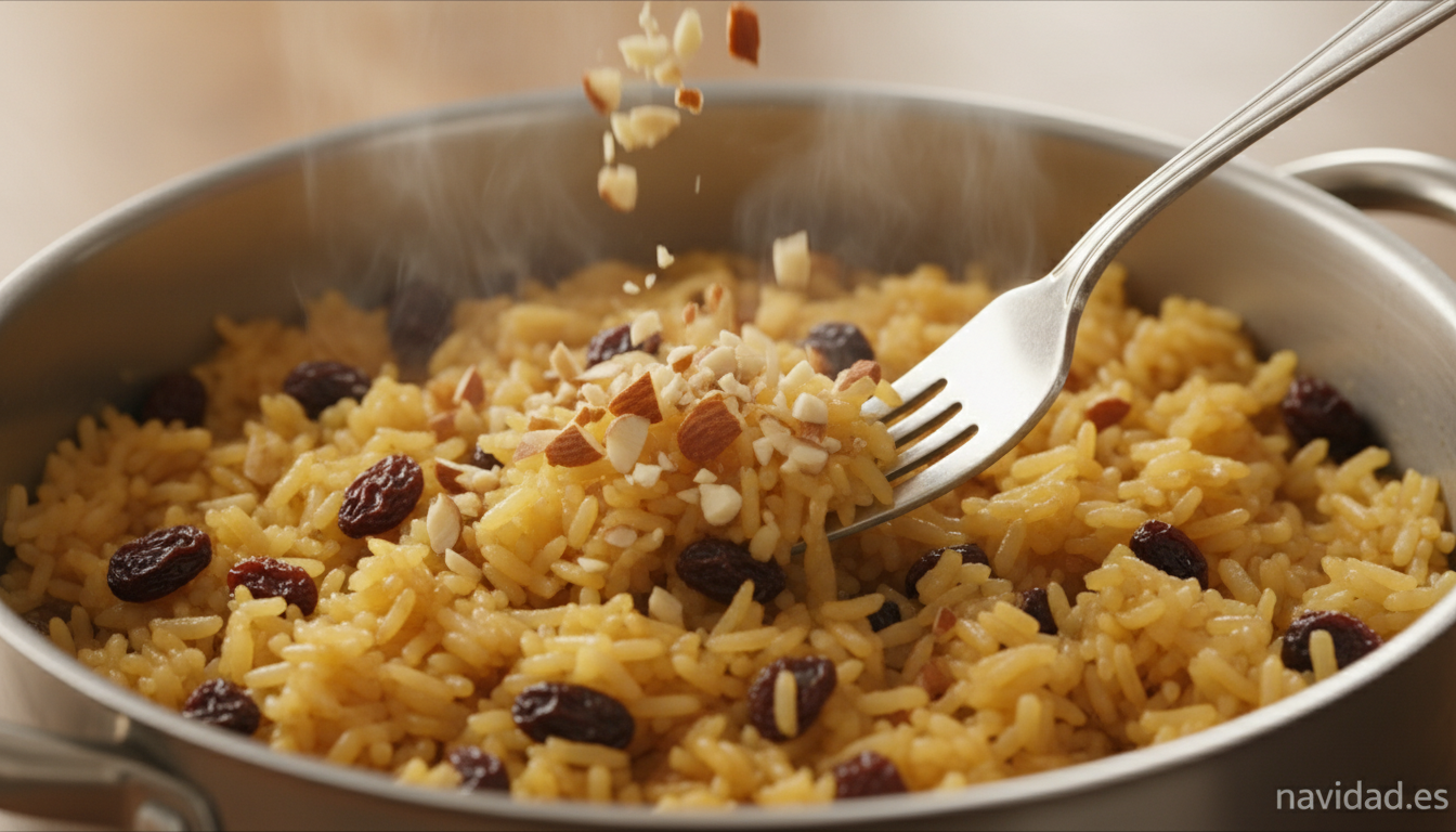 Añadiendo las pasas hidratadas al arroz dorado antes de servir