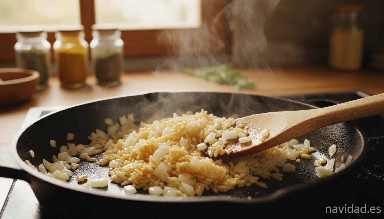 Paso de la receta: tostando el arroz con cebolla y mantequilla en la sartén