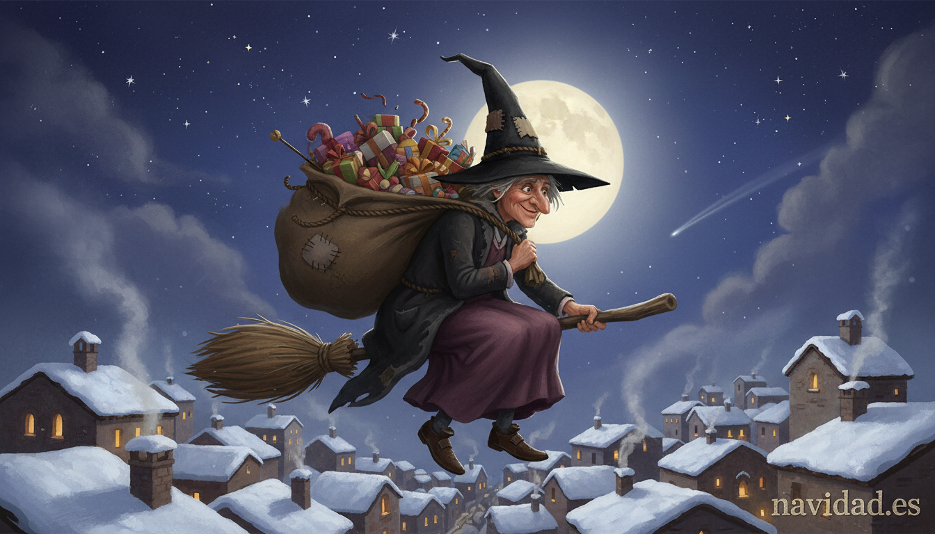 La Befana italiana volando sobre los tejados nevados la noche de Reyes