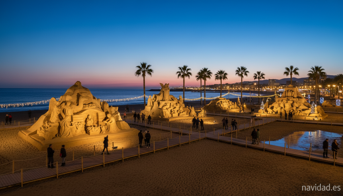 Belén de arena de Las Canteras iluminado al atardecer con luces doradas y visitantes paseando por las pasarelas