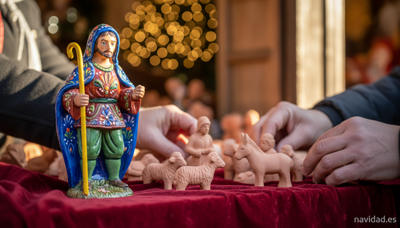 Mercado Navideño de la Plaza Mayor de Madrid 2026: guía completa 1 Figura de barro artesana de belén en un puesto de la Plaza Mayor de Madrid