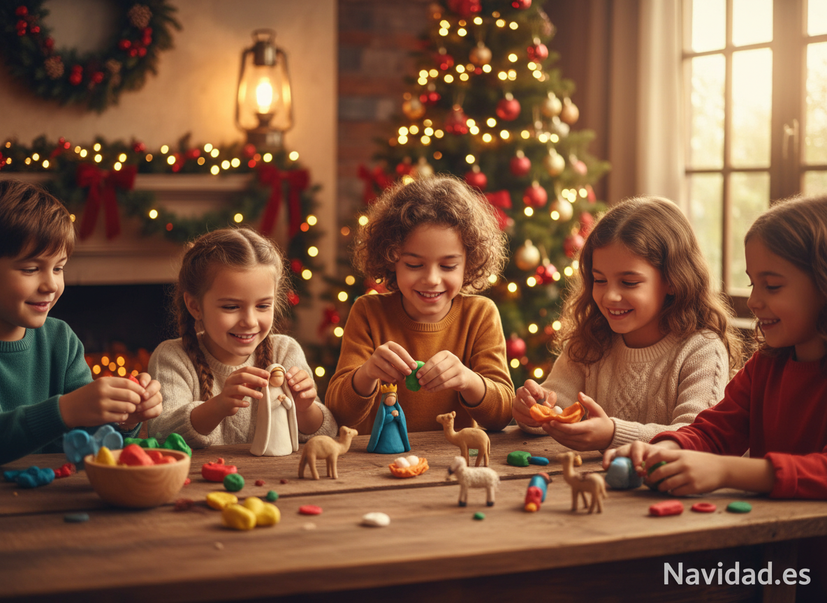 Cómo hacer un belén de plastilina paso a paso: tutorial completo para niños 1 Niños haciendo un belén de plastilina con figuras de los Reyes Magos y la Sagrada Familia