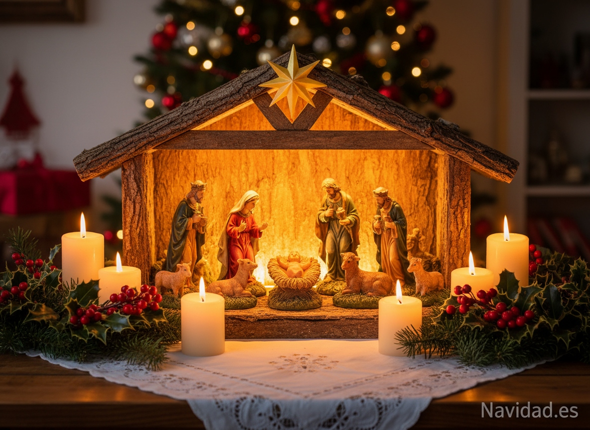 Belén navideño iluminado con velas, decoración tradicional de Navidad