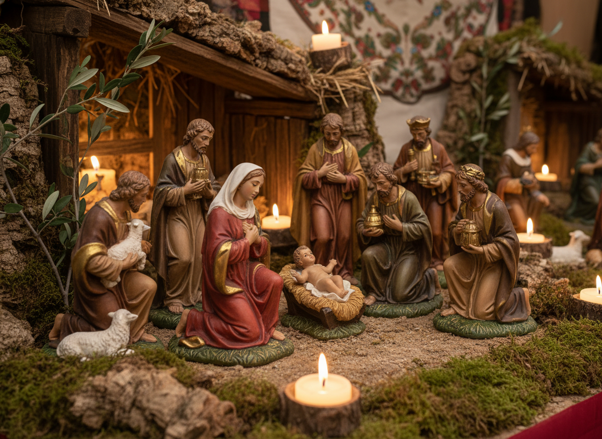 Folclore y tradiciones navideñas españolas: todo lo que debes conocer 1 Belén navideño tradicional español con figuras de terracota y musgo