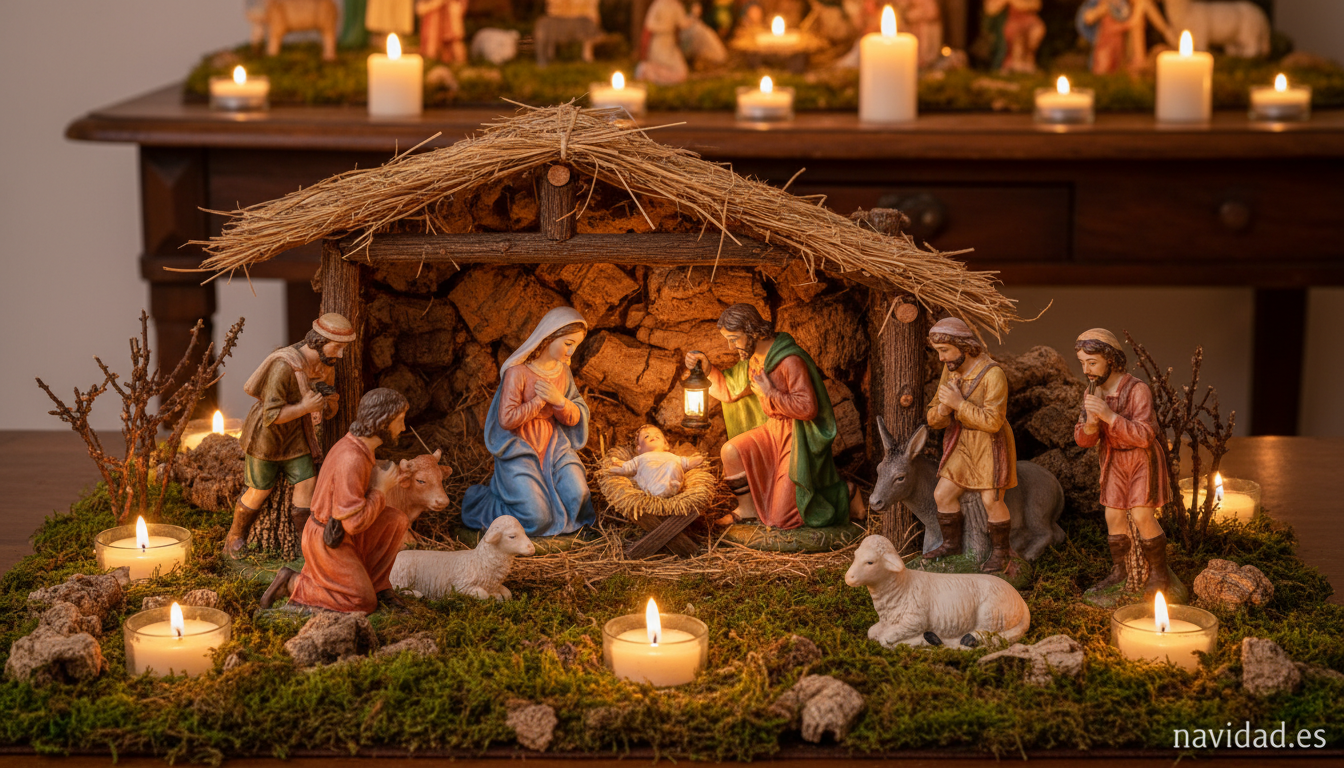 Belén navideño tradicional español con figuras de cerámica del nacimiento
