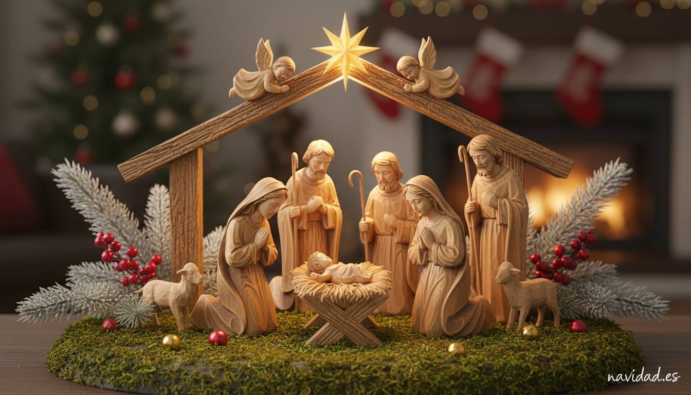 Belen navideno con el Nino Jesus en el pesebre rodeado de pastores