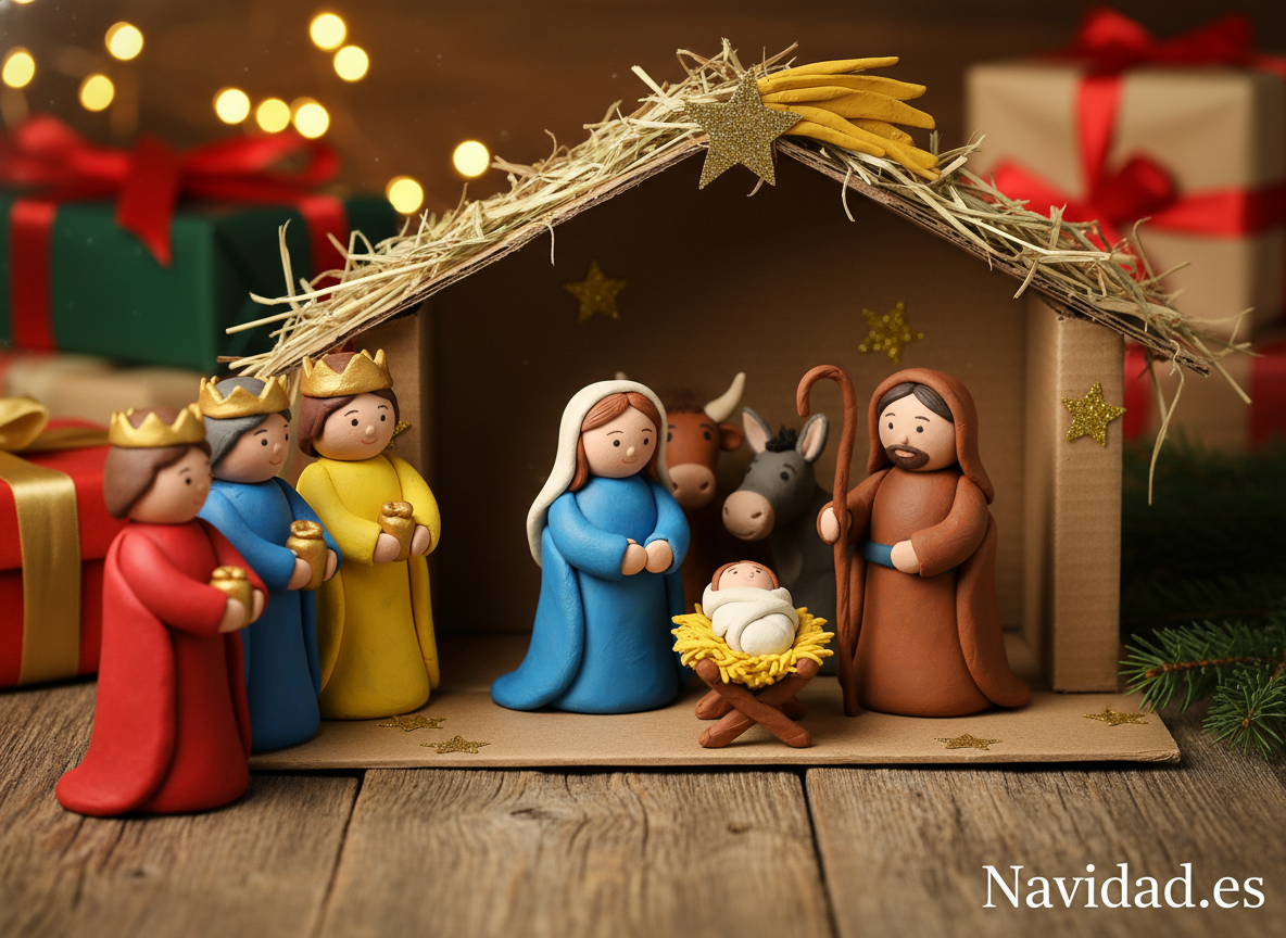 Cómo hacer un belén de plastilina paso a paso: tutorial completo para niños 3 Belén de plastilina terminado con Reyes Magos, María, José y el Niño Jesús