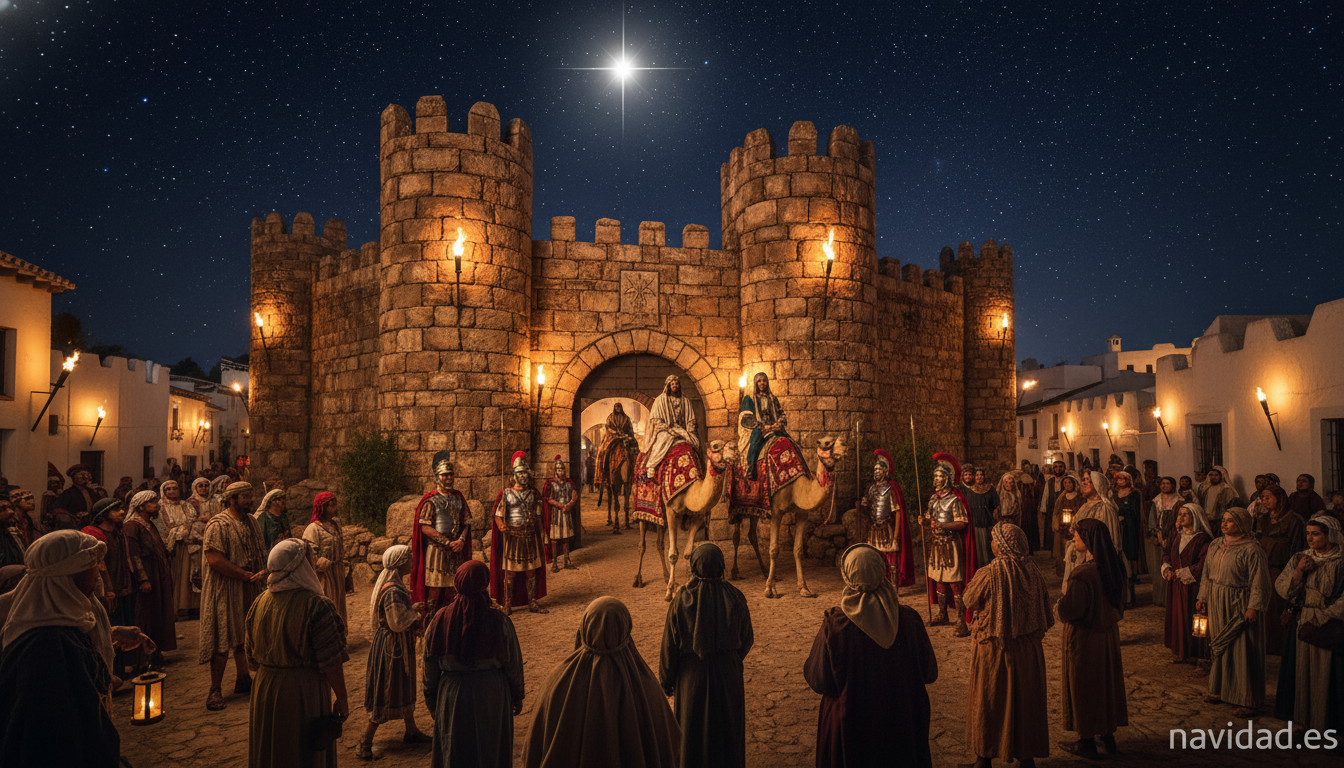 Castillo de Herodes iluminado con antorchas y los Reyes Magos llegando en el Belén viviente de Beas