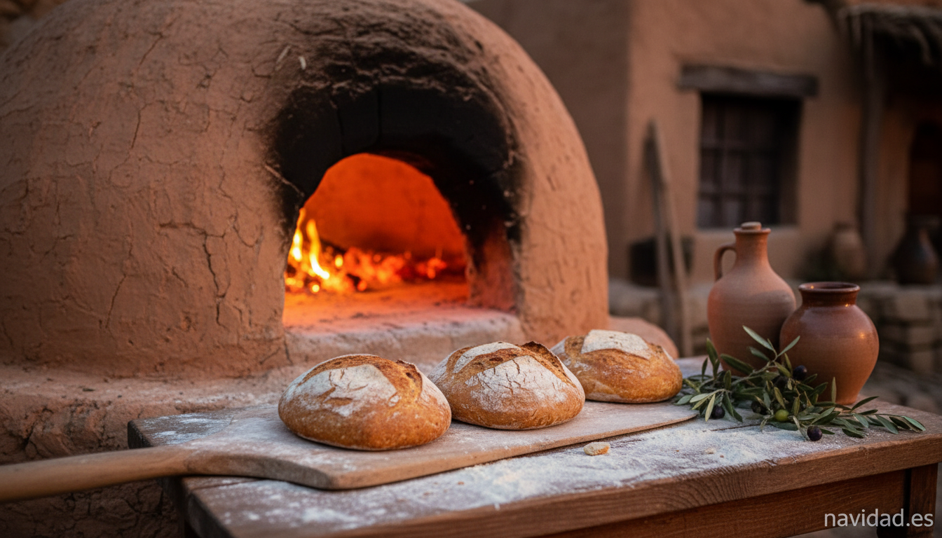 Horno de leña y panes tradicionales en el Belén viviente de Beas